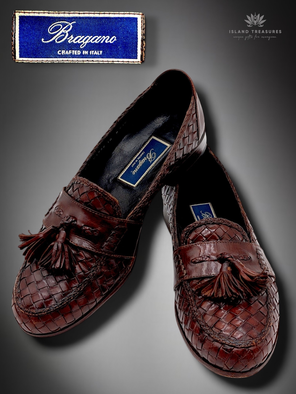 Bragano Size 10M Men's Oxblood-Brown Woven Leather Tassel Loafers Made in Italy